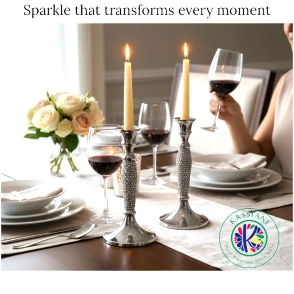 Tahari Home Set of 2 Silver Rhinestone Candle Holders Glam Decor - Picture 4 of 8